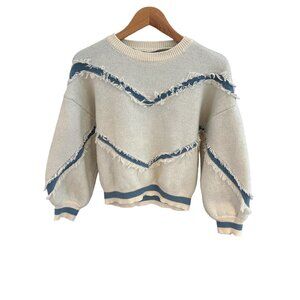 Distressed Paris Knit Sweater Blue & White Long Sleeve Size M